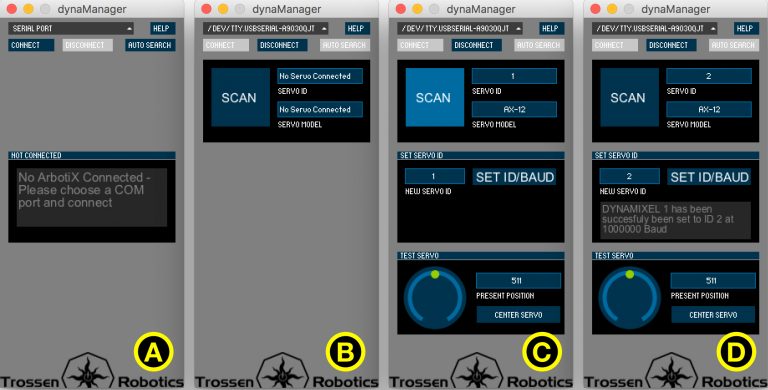 dynaManager Dynamixel servo setup steps