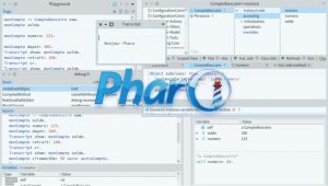 Pharo logo with Pharo 8 tools in the background