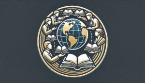 Stylized logo with a globe with books around being passed from one person to another.