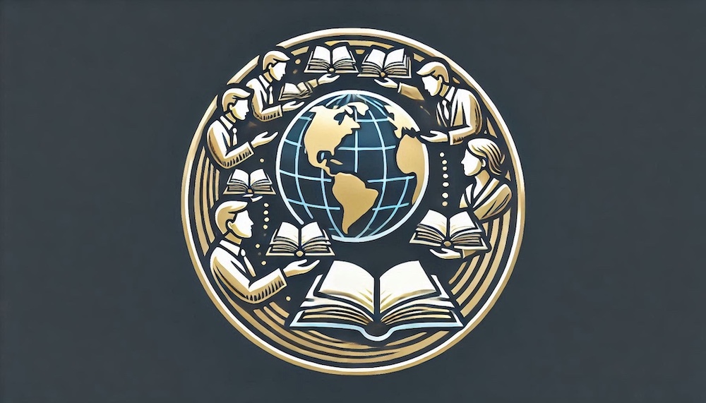 Stylized logo with a globe with books around being passed from one person to another.